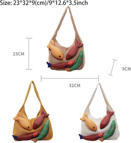 3D Fish Knitted Fringe Tote Bag, Large Capacity Shoulder Bag Beach Purse Hobo Vacation Handbag for Women in Saudi Arabia