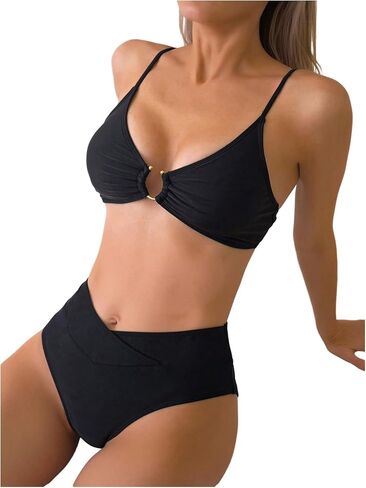 SweatyRocks المرأة حلقة مرتبطة Ruched 2 قطعة بيكيني مجموعة ثوب السباحة ارتفاع الخصر بدلة السباحة in Kuwait