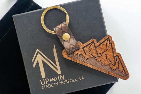 UP & IN Solid Walnut Mountain Keychain w/Genuine Leather Strap & Bronzed Iron Key Ring in Saudi Arabia