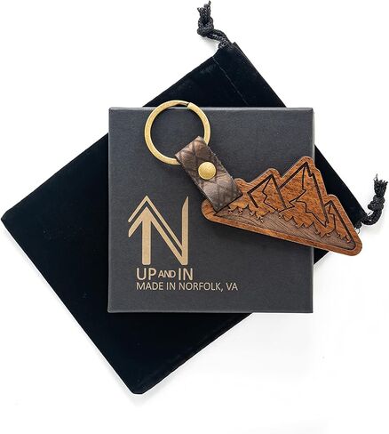 UP & IN Solid Walnut Mountain Keychain w/Genuine Leather Strap & Bronzed Iron Key Ring in Saudi Arabia