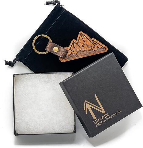 UP & IN Solid Walnut Mountain Keychain w/Genuine Leather Strap & Bronzed Iron Key Ring in Saudi Arabia