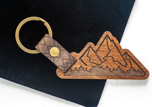 UP & IN Solid Walnut Mountain Keychain w/Genuine Leather Strap & Bronzed Iron Key Ring in Saudi Arabia