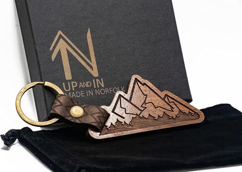 UP & IN Solid Walnut Mountain Keychain w/Genuine Leather Strap & Bronzed Iron Key Ring in Saudi Arabia