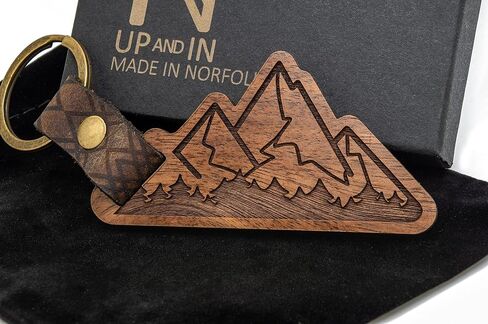 UP & IN Solid Walnut Mountain Keychain w/Genuine Leather Strap & Bronzed Iron Key Ring in Saudi Arabia
