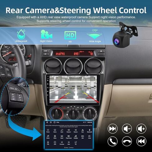 [2+64G] ستيريو سيارة Android 13 لسيارة Mazda 6 2002-2008 - Apple Carplay & Android Auto - شاشة لمس عالية الدقة 9 بوصة EQ Audio - WiFi، ملاحة GPS، وصلة مرآة، SWC + كاميرا احتياطية AHD + Canbus in Kuwait