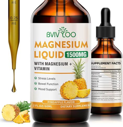 Magnesium Glycinate Liquid, High Absorption Magnesium Liquid Drops with Cellulose Fiber, Bromelain, Vitamins B6 C D & Zinc, Magnesium Supplement for Adults & Kids, Pineapple Flavor - 2 Fl Oz in Saudi Arabia