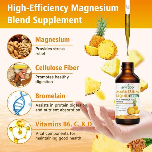 Magnesium Glycinate Liquid, High Absorption Magnesium Liquid Drops with Cellulose Fiber, Bromelain, Vitamins B6 C D & Zinc, Magnesium Supplement for Adults & Kids, Pineapple Flavor - 2 Fl Oz in Saudi Arabia