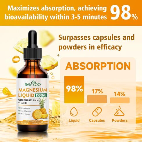Magnesium Glycinate Liquid, High Absorption Magnesium Liquid Drops with Cellulose Fiber, Bromelain, Vitamins B6 C D & Zinc, Magnesium Supplement for Adults & Kids, Pineapple Flavor - 2 Fl Oz in Saudi Arabia