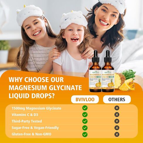 Magnesium Glycinate Liquid, High Absorption Magnesium Liquid Drops with Cellulose Fiber, Bromelain, Vitamins B6 C D & Zinc, Magnesium Supplement for Adults & Kids, Pineapple Flavor - 2 Fl Oz in Saudi Arabia