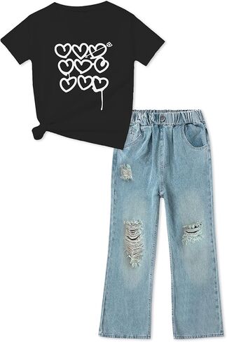 Artmine Girls '2 قطعة من قطعة القلب تي شيرت وسروال جينز الساق الواسعة الساق in Kuwait