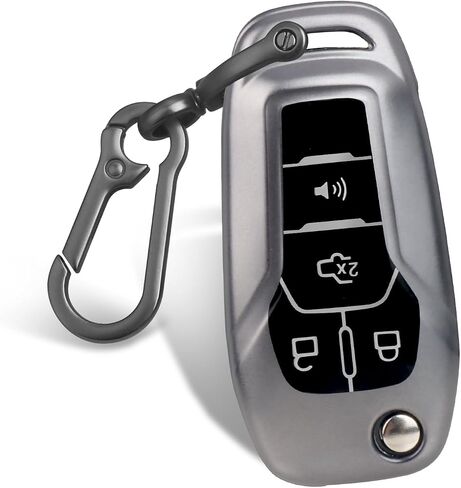 FT FUNTOR لغطاء مفتاح سيارة فورد، متوافق مع Ford Bronco F-150 F-250 F-350 F-450 F-550 Raptor Fusion Ranger Ranger XLT Figo، غطاء مفتاح TPU بأربعة أزرار مع سلسلة مفاتيح (رمادي C) in Kuwait
