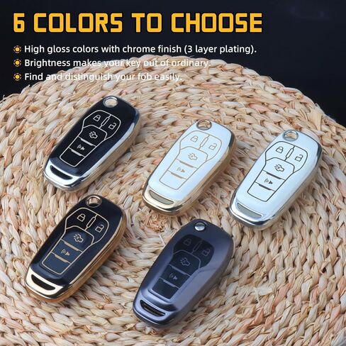 FT FUNTOR لغطاء مفتاح سيارة فورد، متوافق مع Ford Bronco F-150 F-250 F-350 F-450 F-550 Raptor Fusion Ranger Ranger XLT Figo، غطاء مفتاح TPU بأربعة أزرار مع سلسلة مفاتيح (رمادي C) in Kuwait