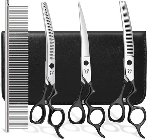 Dog Grooming Scissors,Curved Chunkers Dog Grooming with Safety Round Tips, Sharp and Comfortable 4 in 1 Dog Scissors for Grooming in Kuwait