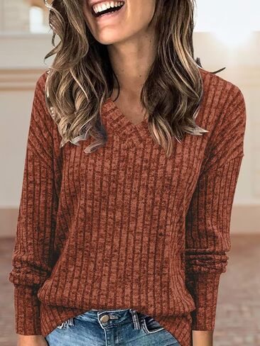 Women's Fall V Neck Sweater 2024 Long Sleeve Ribbed Knit Casual Tunic Pullover Top Lightweight Trendy Tunic Tops in Saudi Arabia