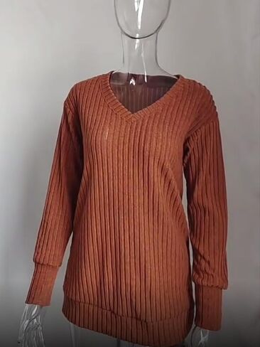 Women's Fall V Neck Sweater 2024 Long Sleeve Ribbed Knit Casual Tunic Pullover Top Lightweight Trendy Tunic Tops in Saudi Arabia