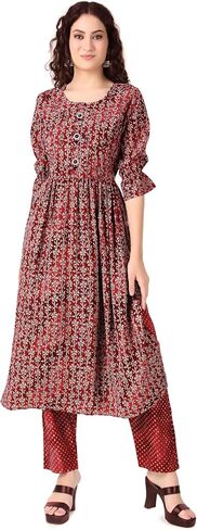 ladyline Womens Rayon Printed Handwork Kurta with Pants | 2-Pcs Co-Ord Set | Anarkali Boho Tunic Salwar Kameez in Saudi Arabia