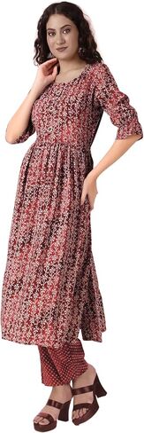 ladyline Womens Rayon Printed Handwork Kurta with Pants | 2-Pcs Co-Ord Set | Anarkali Boho Tunic Salwar Kameez in Saudi Arabia