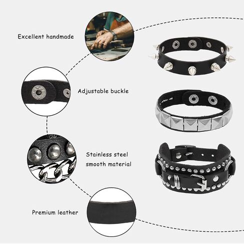 3PCS Punk Rock Studded Leather Bracelet Adjustable Emo Spike Bracelet Cuff Accessory Retro 80s Studded Wristband for Men Women in Saudi Arabia