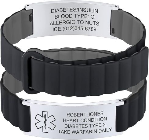Personalized Medical ID Bracelet for Men & Women - Custom Engraved Silicone Strap Comfortable ID Identification Alert Medical Bracelets for Sports Adjustable Waterproof Silicone Wristband for Diabetic in Kuwait