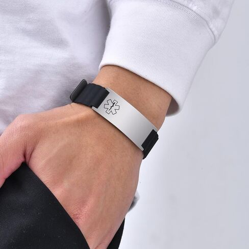 Personalized Medical ID Bracelet for Men & Women - Custom Engraved Silicone Strap Comfortable ID Identification Alert Medical Bracelets for Sports Adjustable Waterproof Silicone Wristband for Diabetic in Kuwait