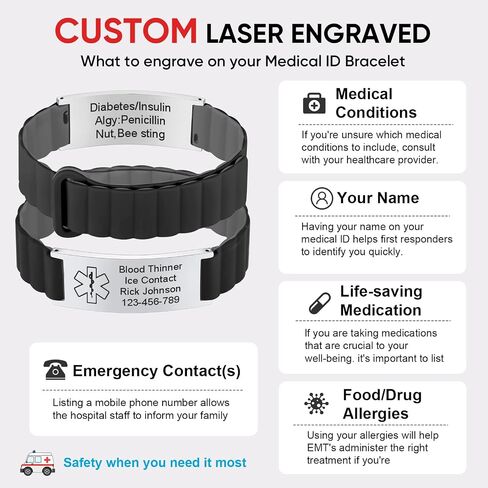 Personalized Medical ID Bracelet for Men & Women - Custom Engraved Silicone Strap Comfortable ID Identification Alert Medical Bracelets for Sports Adjustable Waterproof Silicone Wristband for Diabetic in Kuwait