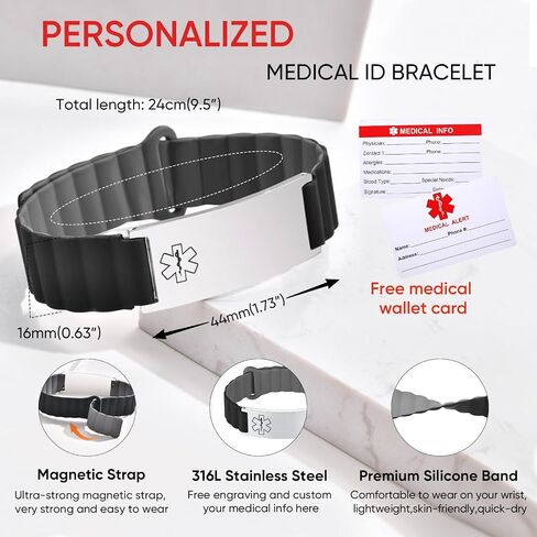 Personalized Medical ID Bracelet for Men & Women - Custom Engraved Silicone Strap Comfortable ID Identification Alert Medical Bracelets for Sports Adjustable Waterproof Silicone Wristband for Diabetic in Kuwait
