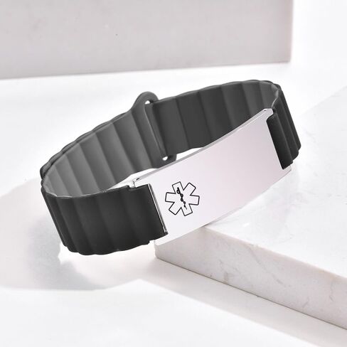 Personalized Medical ID Bracelet for Men & Women - Custom Engraved Silicone Strap Comfortable ID Identification Alert Medical Bracelets for Sports Adjustable Waterproof Silicone Wristband for Diabetic in Kuwait