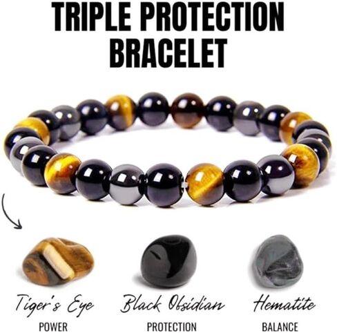 Triple Protection Tigers Eye Black Obsidian and Hematite Beaded Bracelets for Men Women Natural Stone Crystal Beads Bracelet in Saudi Arabia