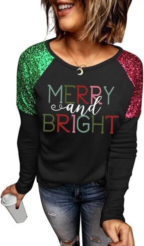Womens Christmas Sparkle Shirt Funny Xmas Holiday Raglan Sequined Splicing Sleeve Graphic Tee Family Matching Winter Tops in Saudi Arabia