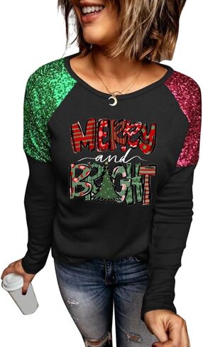 Womens Christmas Sparkle Shirt Funny Xmas Holiday Raglan Sequined Splicing Sleeve Graphic Tee Family Matching Winter Tops in Saudi Arabia