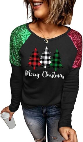 Womens Christmas Sparkle Shirt Funny Xmas Holiday Raglan Sequined Splicing Sleeve Graphic Tee Family Matching Winter Tops in Saudi Arabia