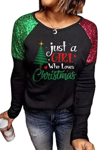 Womens Christmas Sparkle Shirt Funny Xmas Holiday Raglan Sequined Splicing Sleeve Graphic Tee Family Matching Winter Tops in Saudi Arabia