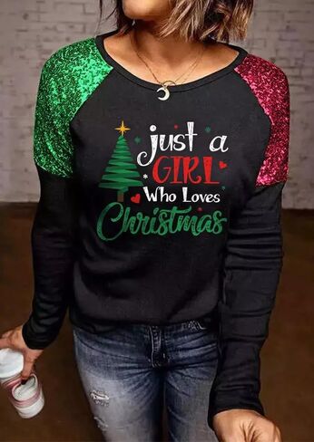 Womens Christmas Sparkle Shirt Funny Xmas Holiday Raglan Sequined Splicing Sleeve Graphic Tee Family Matching Winter Tops in Saudi Arabia