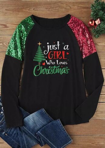 Womens Christmas Sparkle Shirt Funny Xmas Holiday Raglan Sequined Splicing Sleeve Graphic Tee Family Matching Winter Tops in Saudi Arabia