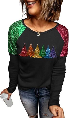 Womens Christmas Sparkle Shirt Funny Xmas Holiday Raglan Sequined Splicing Sleeve Graphic Tee Family Matching Winter Tops in Saudi Arabia