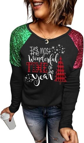 Womens Christmas Sparkle Shirt Funny Xmas Holiday Raglan Sequined Splicing Sleeve Graphic Tee Family Matching Winter Tops in Saudi Arabia