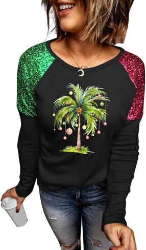 Womens Christmas Sparkle Shirt Funny Xmas Holiday Raglan Sequined Splicing Sleeve Graphic Tee Family Matching Winter Tops in Saudi Arabia