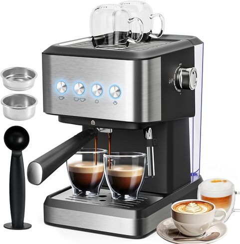 20 Bar Espresso Coffee Machine, Professional Compact Coffee Maker with 50oz Removable Water Tank, Milk Frother Steam Wand, Clear Thermometer, Cappuccino, Latte, Americano, Machiato, Silver in Saudi Arabia