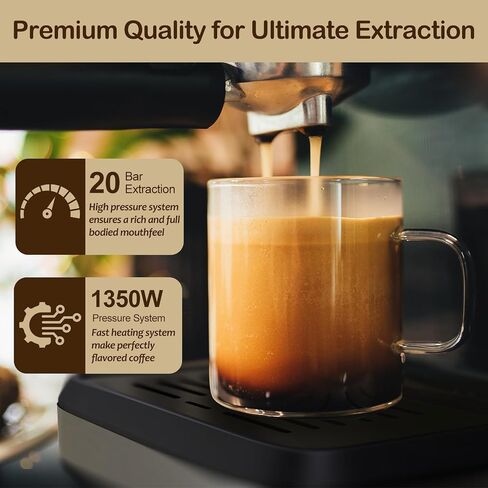 20 Bar Espresso Coffee Machine, Professional Compact Coffee Maker with 50oz Removable Water Tank, Milk Frother Steam Wand, Clear Thermometer, Cappuccino, Latte, Americano, Machiato, Silver in Saudi Arabia