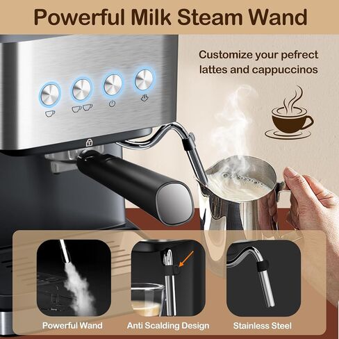 20 Bar Espresso Coffee Machine, Professional Compact Coffee Maker with 50oz Removable Water Tank, Milk Frother Steam Wand, Clear Thermometer, Cappuccino, Latte, Americano, Machiato, Silver in Saudi Arabia