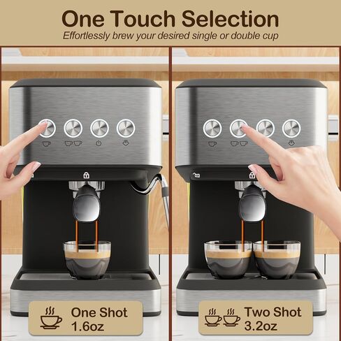 20 Bar Espresso Coffee Machine, Professional Compact Coffee Maker with 50oz Removable Water Tank, Milk Frother Steam Wand, Clear Thermometer, Cappuccino, Latte, Americano, Machiato, Silver in Saudi Arabia