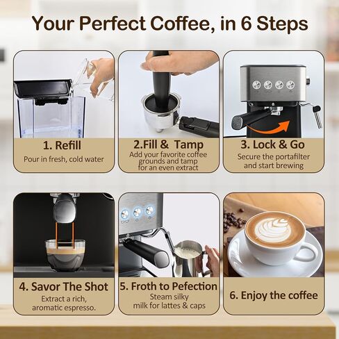 20 Bar Espresso Coffee Machine, Professional Compact Coffee Maker with 50oz Removable Water Tank, Milk Frother Steam Wand, Clear Thermometer, Cappuccino, Latte, Americano, Machiato, Silver in Saudi Arabia