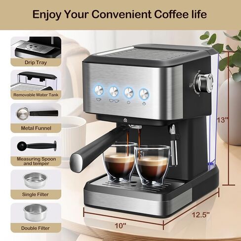 20 Bar Espresso Coffee Machine, Professional Compact Coffee Maker with 50oz Removable Water Tank, Milk Frother Steam Wand, Clear Thermometer, Cappuccino, Latte, Americano, Machiato, Silver in Saudi Arabia