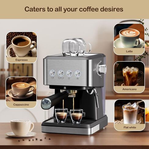 20 Bar Espresso Coffee Machine, Professional Compact Coffee Maker with 50oz Removable Water Tank, Milk Frother Steam Wand, Clear Thermometer, Cappuccino, Latte, Americano, Machiato, Silver in Saudi Arabia