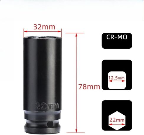 مقبس تأثير عميق 22 مم محرك 1/2 بوصة - فولاذ CR-MO معالج بالحرارة، 6 نقاط، متري - شديد التحمل لمجموعات مفاتيح الربط والمقابس in Kuwait
