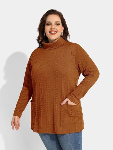 TIYOMI Plus Size Sweaters for Women Long Sleeves Cable Knit Turtleneck Top with Pockets Solid Lightweight Pullover Top Xl-5Xl in Saudi Arabia