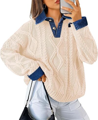Soesdemo Womens Oversized Cable Knit Sweaters Chunky Long Sleeve Button Up Denim Polo Neck Knit Pullover Tunic Sweaters in Kuwait