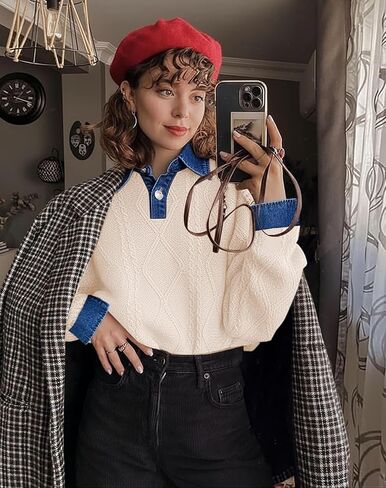 Soesdemo Womens Oversized Cable Knit Sweaters Chunky Long Sleeve Button Up Denim Polo Neck Knit Pullover Tunic Sweaters in Kuwait