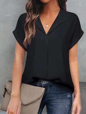 Women's Bat Wing V Neck Short Sleeve Office Work Business Attire Collared Casual Summer Shirts in Saudi Arabia