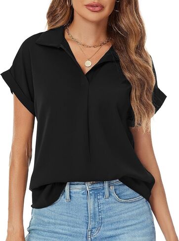Women's Bat Wing V Neck Short Sleeve Office Work Business Attire Collared Casual Summer Shirts in Saudi Arabia